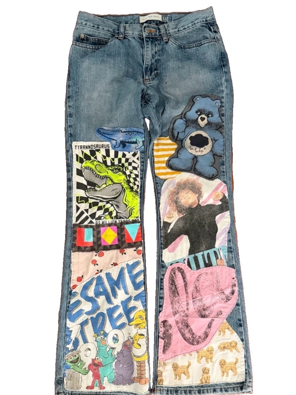 Y2K GAP Low Rise Flare Custom Patchwork Jeans Size 4/6 Upcycled Rigid Denim OOAK